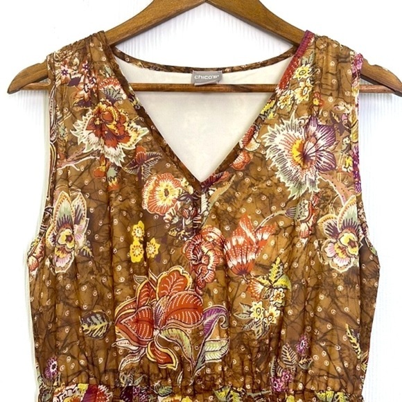Chicos - Colorful Floral Tan V Neck Sleeveless Lined Maxi Dress Size 6 - Picture 9 of 14